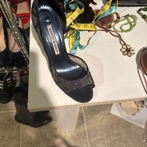 Manolo Blahnik Navy Lace Peep-Toe Heels
